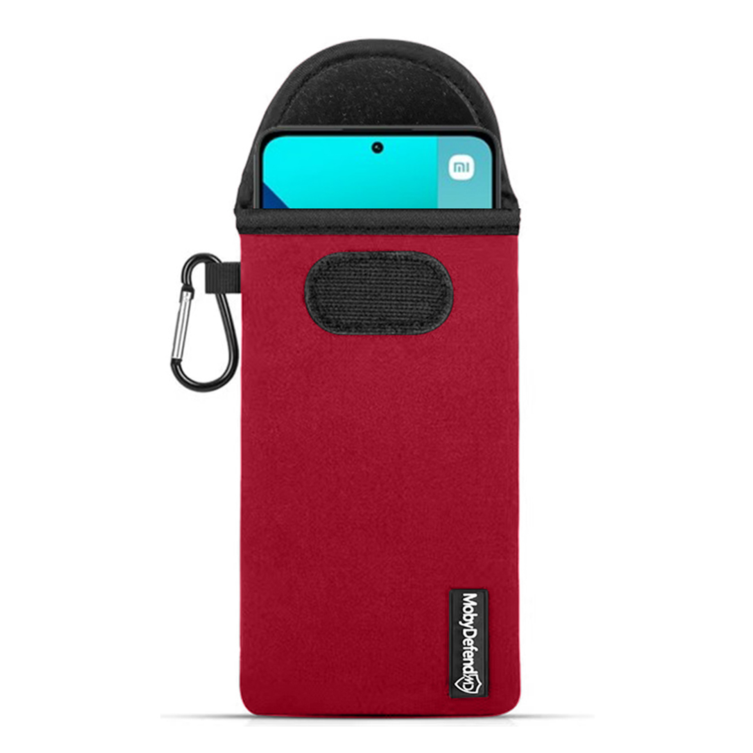 Housse de téléphone rouge avec un téléphone à l'intérieur. Le téléphone a une caméra en haut à gauche. Un clip est attaché.