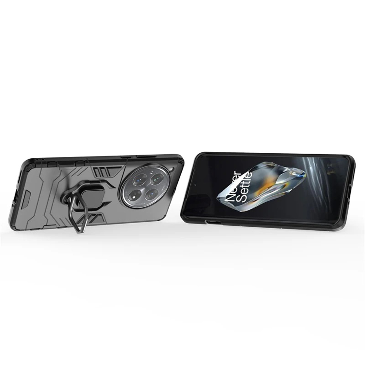Een telefoon met een ringhouderhoes naast een telefoon met de woorden 'Never Settle' op het scherm.
