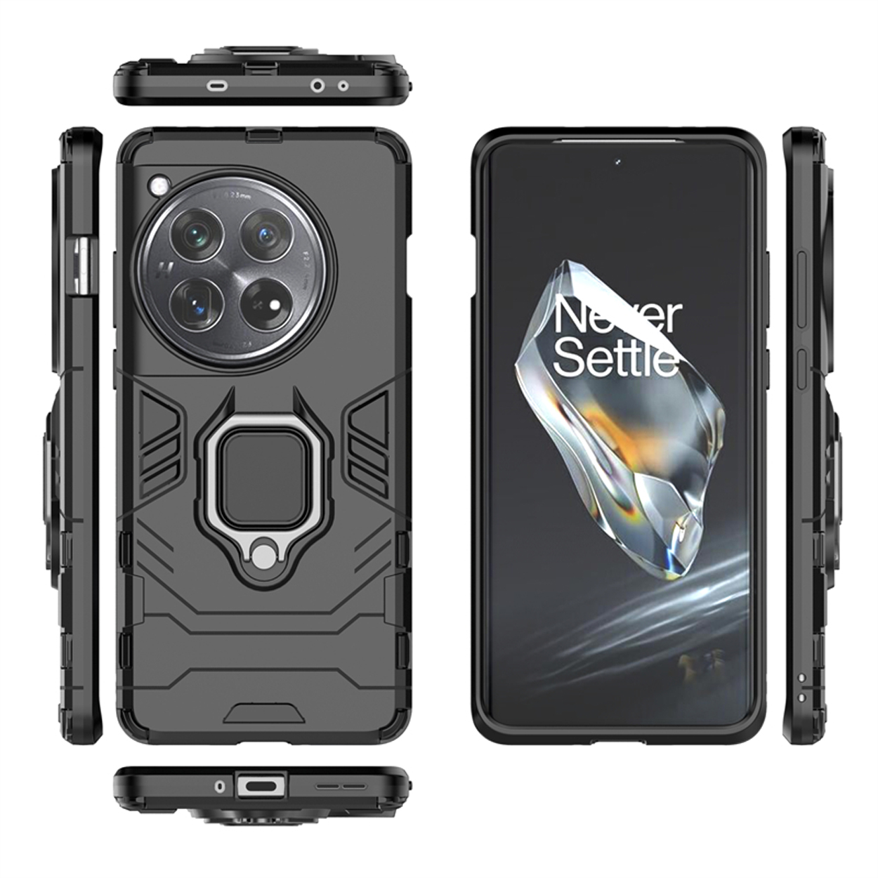 Zwarte telefoonhoes met ringhouder, camerabescherming en een telefoon met 'Never Settle'.