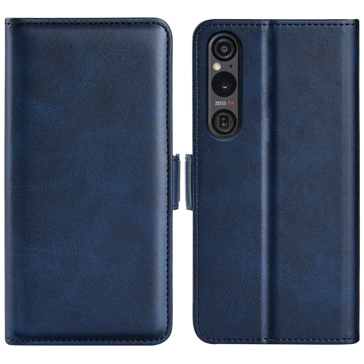 Blauwe leren telefoonhoes. Open en gesloten weergaven.