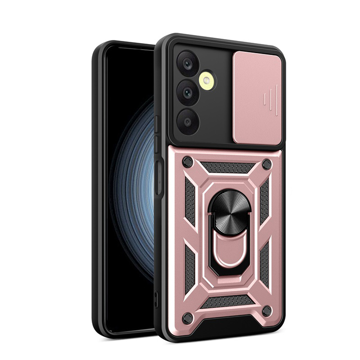 Roze en zwarte telefoonhoes met telefoon erin. De hoes heeft een ringhouder en een schuifbare camerahoes.