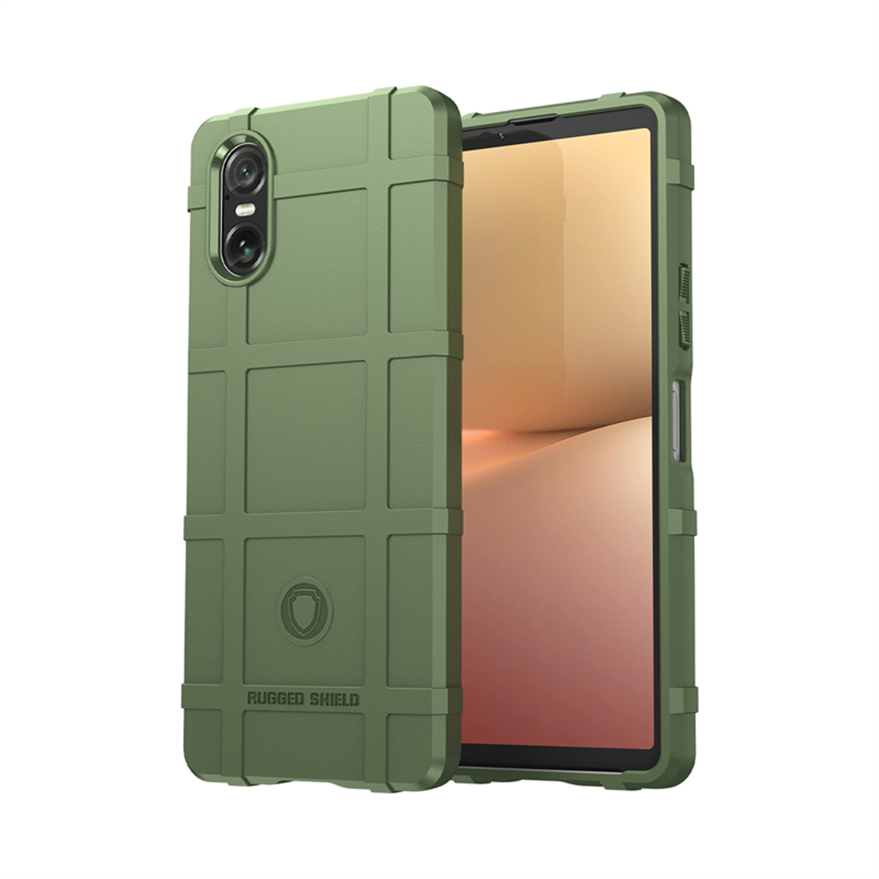 Groene telefoonhoes met een robuust ontwerp. De telefoon zit in de hoes.