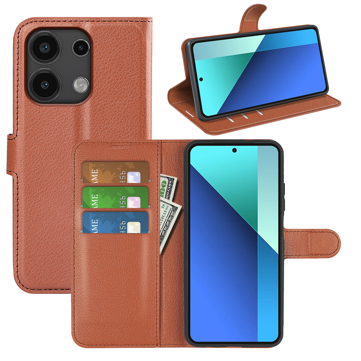 Étui de téléphone marron, ouvert avec téléphone, cartes et argent.