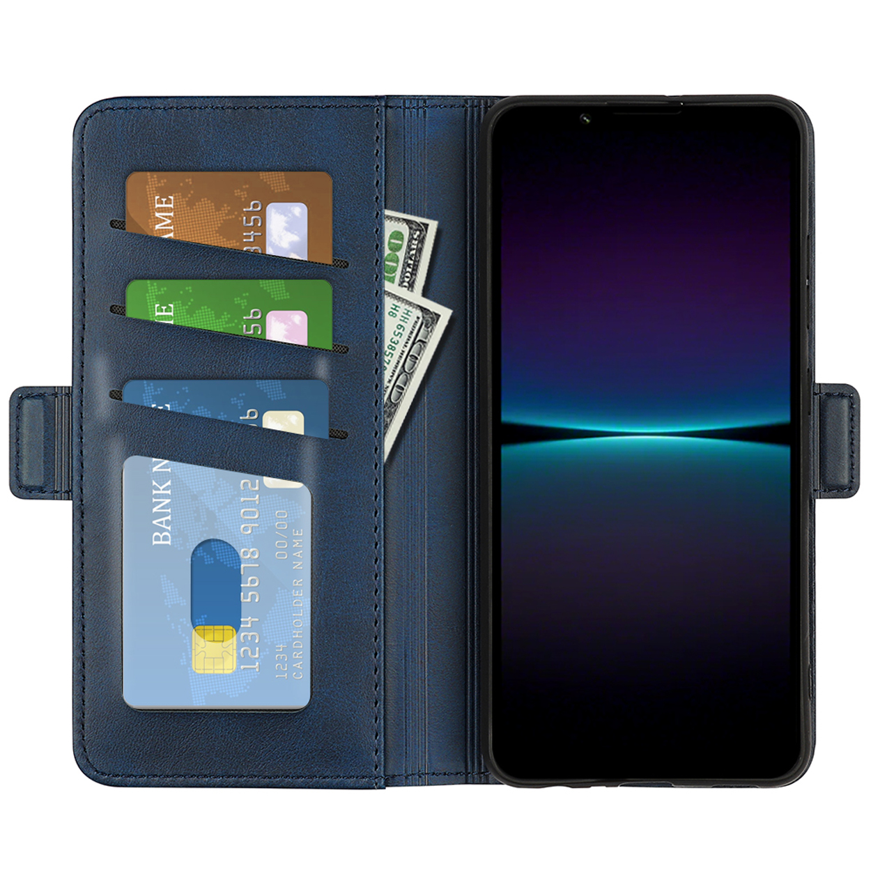 Blauwe telefoonhoes met kaarten en contant geld erin. Een telefoon toont een blauwe en witte afbeelding.