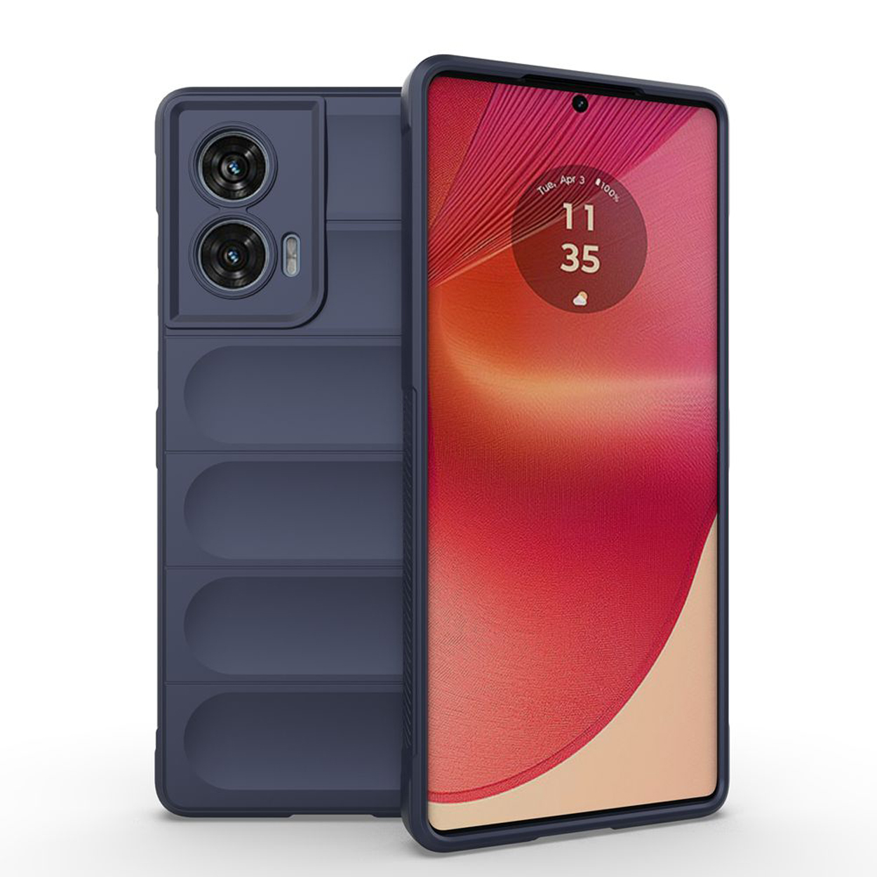 Blauwe telefoonhoes met telefoon. De telefoon en de hoes zijn blauw. De hoes heeft een camera-uitsparing.