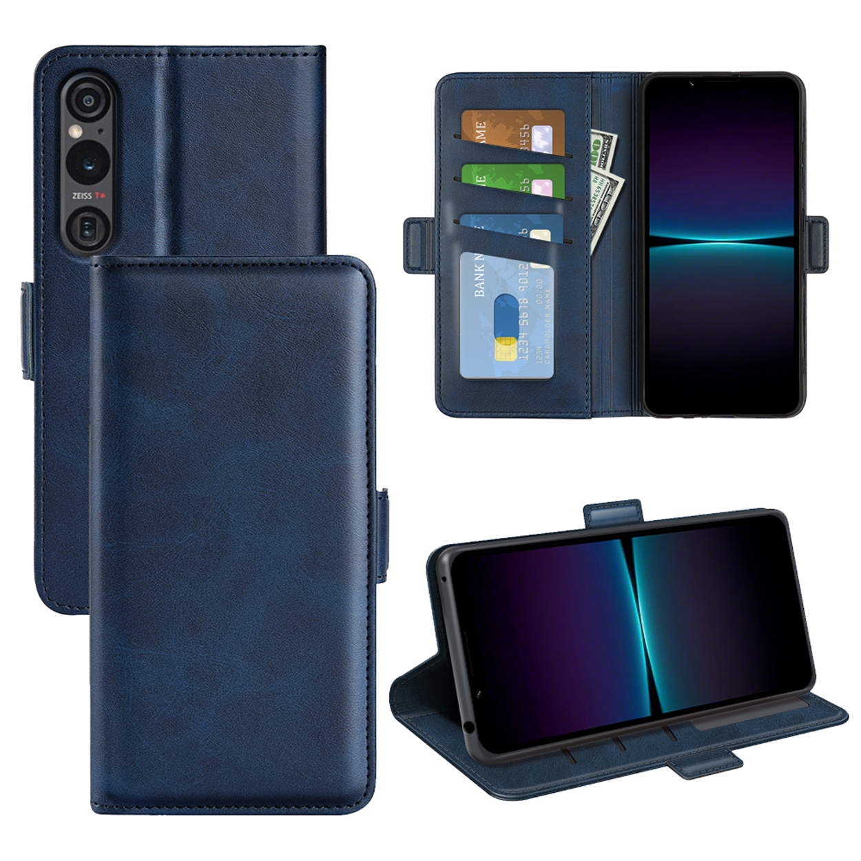 Donkerblauwe telefoonhoes met telefoon. Open en gesloten weergaven. Kaarten, geld en telefoon zijn zichtbaar.