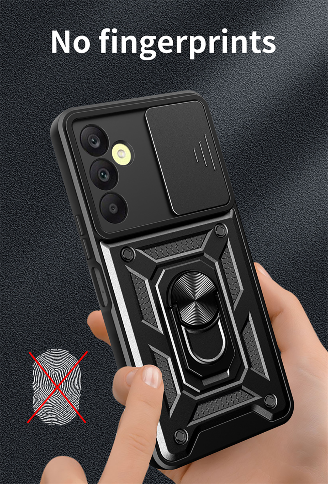 Een zwarte telefoonhoes, een vinger wijst ernaar. Tekst: Geen vingerafdrukken.