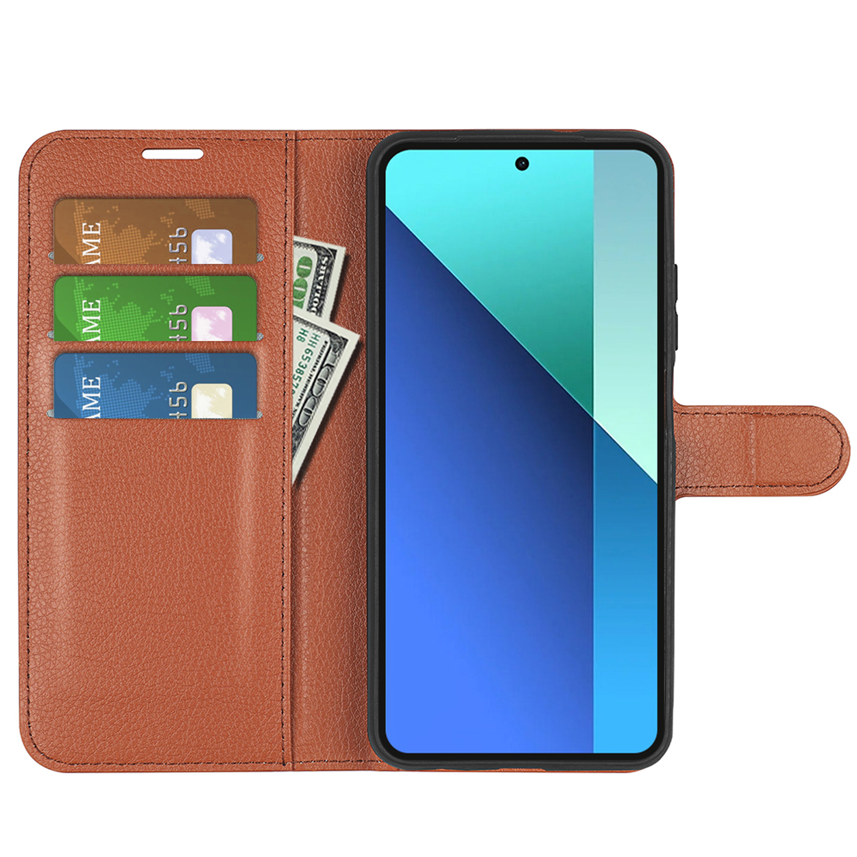 Étui de téléphone marron, ouvert. Intérieur : cartes, argent et téléphone. Téléphone avec écran.