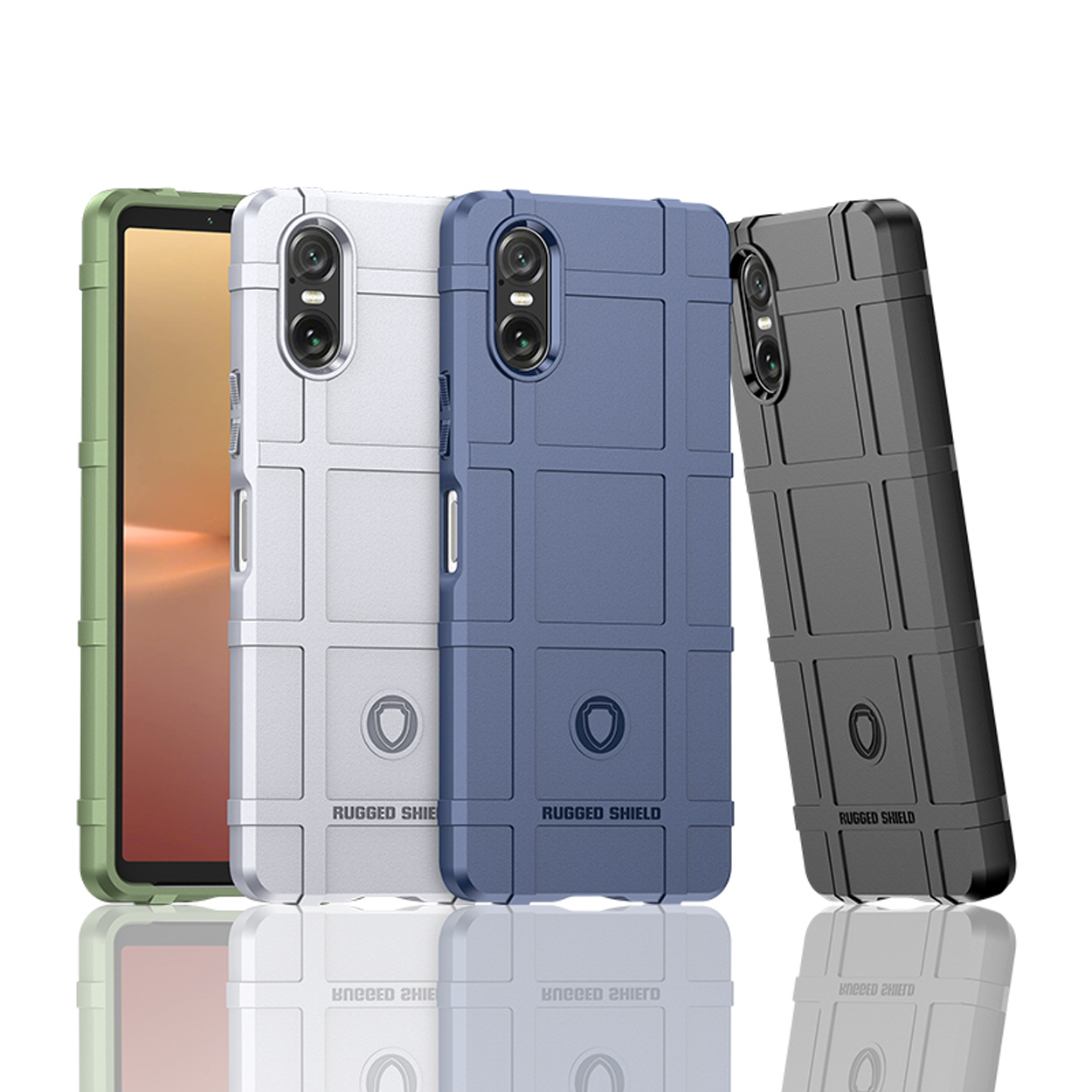 Vier telefoonhoesjes. Groen, wit, blauw en grijs. Alle hoesjes hebben een robuust schildontwerp.