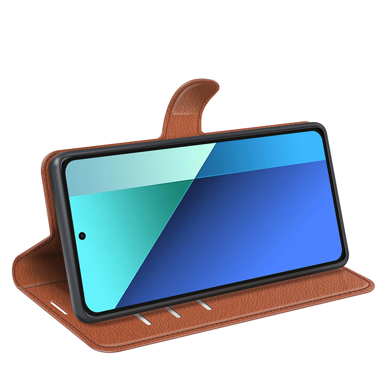 Étui de téléphone en cuir marron, avec téléphone à l'intérieur. Le téléphone est affiché relevé.
