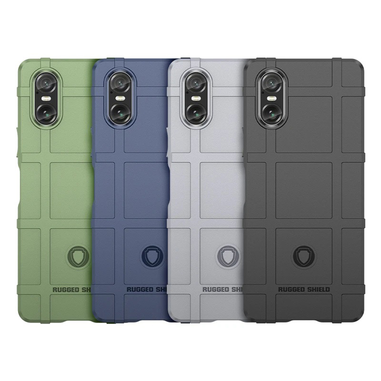 Vier telefoonhoesjes, verschillende kleuren, met een rasterpatroon. Elk heeft een camera-uitsparing.