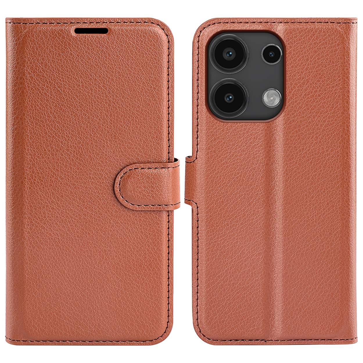 Étui de téléphone en cuir marron. Fermé et montrant le devant. Avec fermoir magnétique.