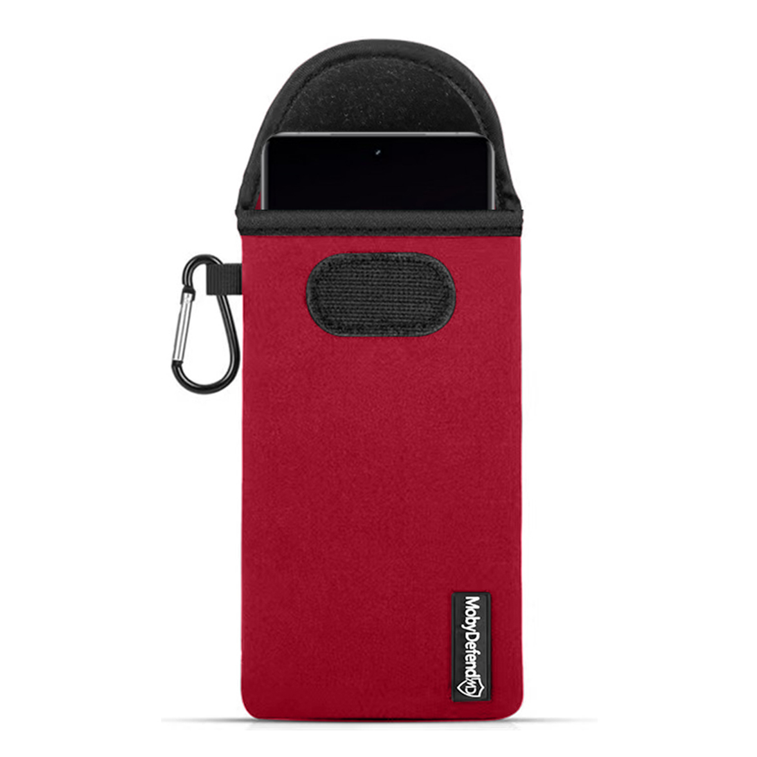 Rode telefoonhoes met zwarte bovenkant. Zilveren karabijnhaak aan de zijkant.