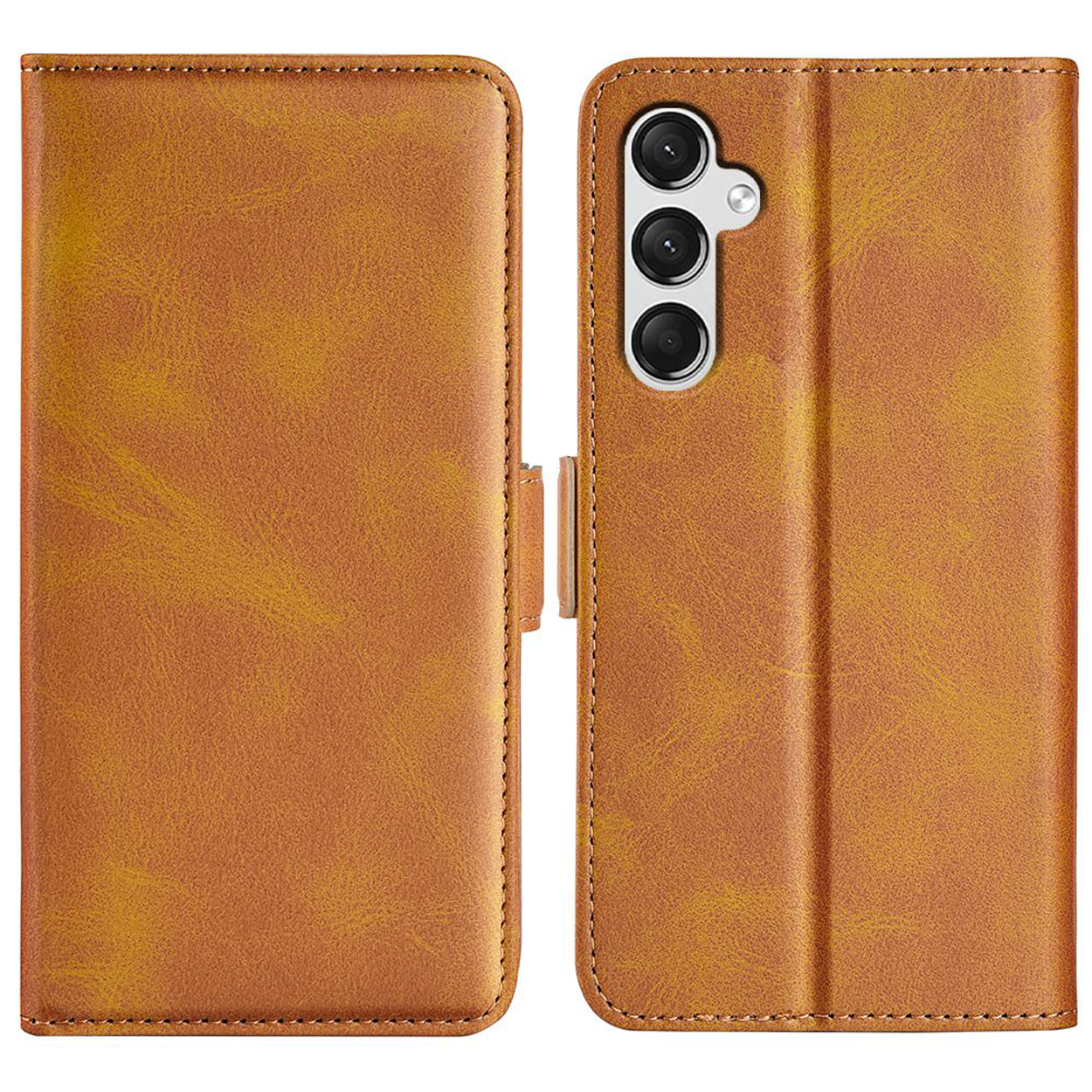 Étui de téléphone en cuir marron ouvert avec téléphone à l'intérieur, montrant la caméra arrière, fond marron.