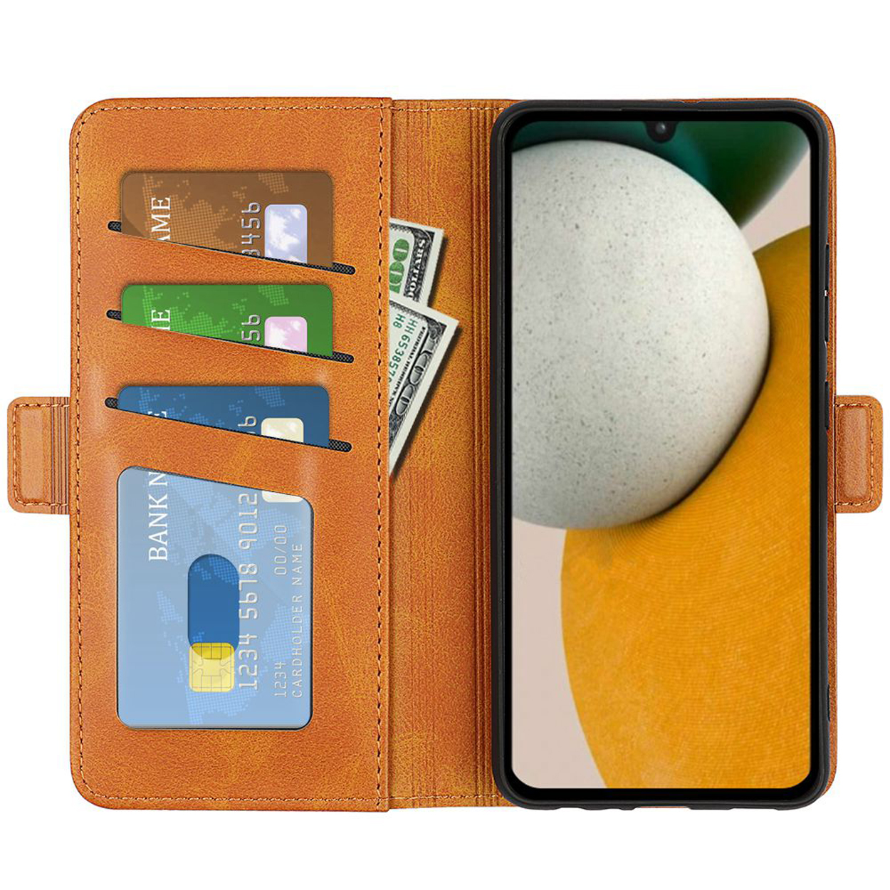 Étui de téléphone marron, ouvert. Montre un téléphone avec cartes et argent.