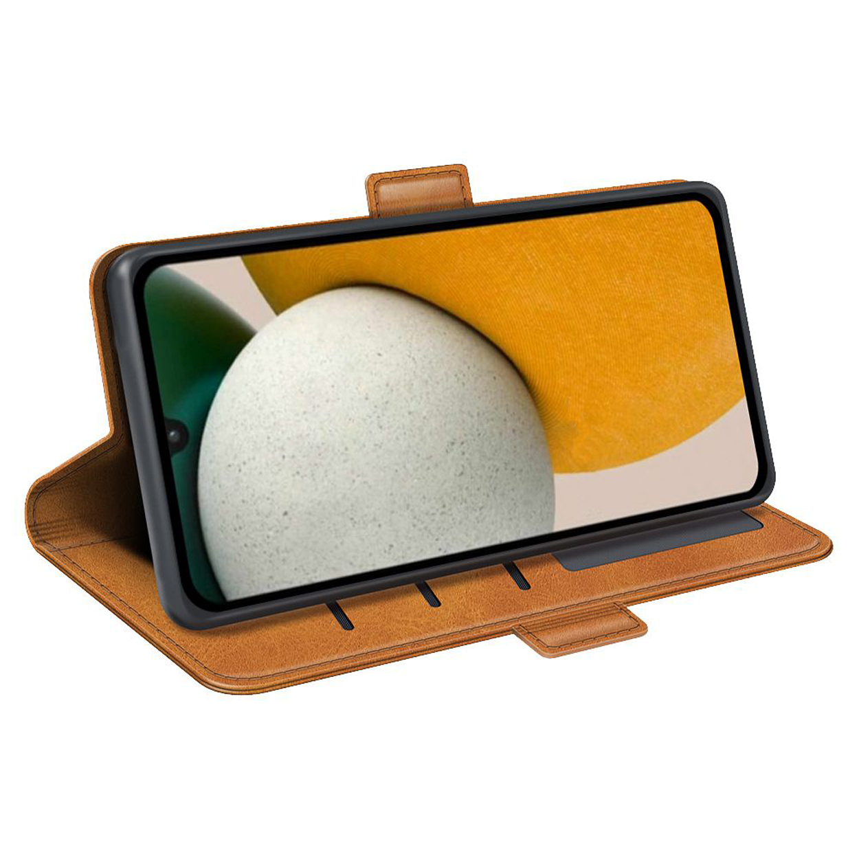 Étui marron avec téléphone, affichant un fond jaune et blanc.