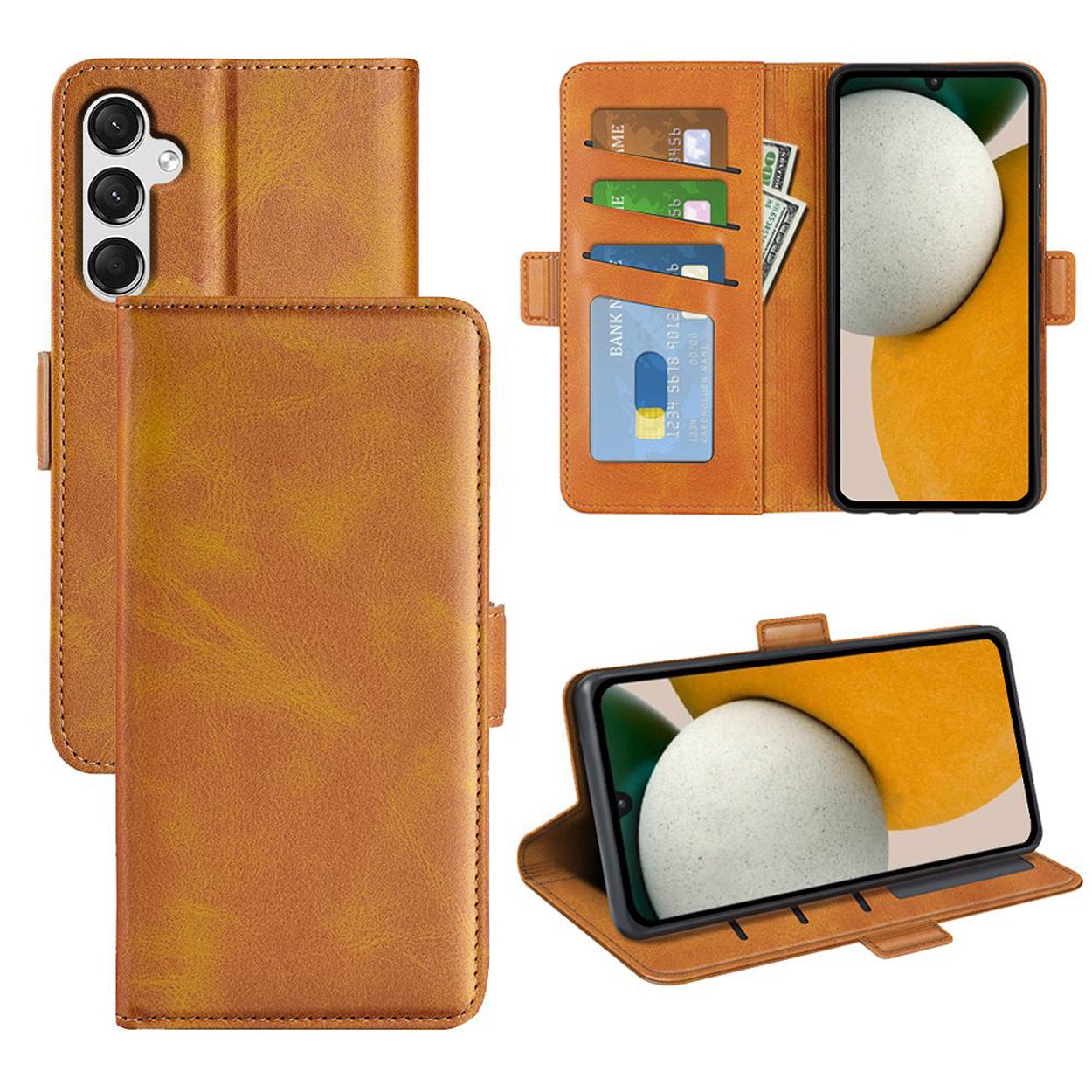 Étui de téléphone avec téléphone, cartes et argent. Plusieurs vues d'un étui en cuir marron.