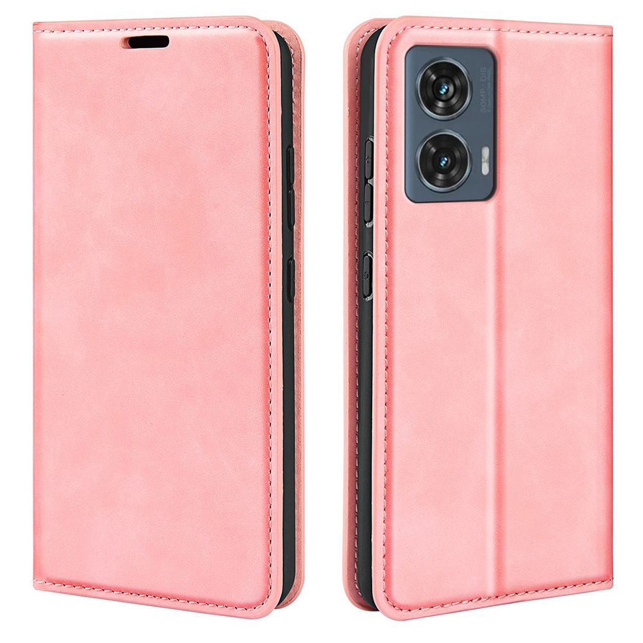 Roze telefoonhoes met een telefoon. De telefoonhoes is roze en de telefoon zit erin. De hoes is gesloten.