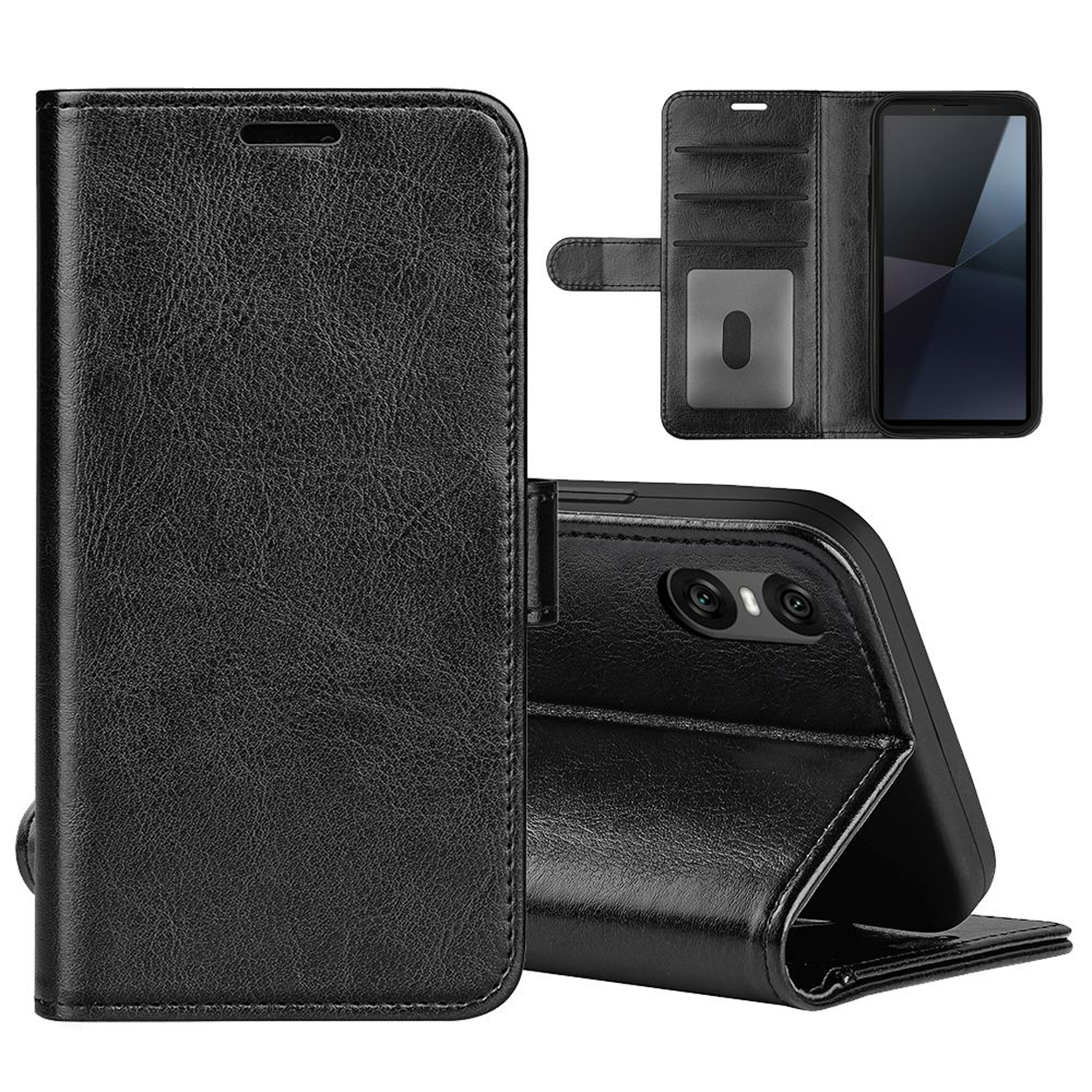 Zwarte telefoonhoes met een telefoon erin. Geopend, met kaartsleuven en magnetische sluiting.