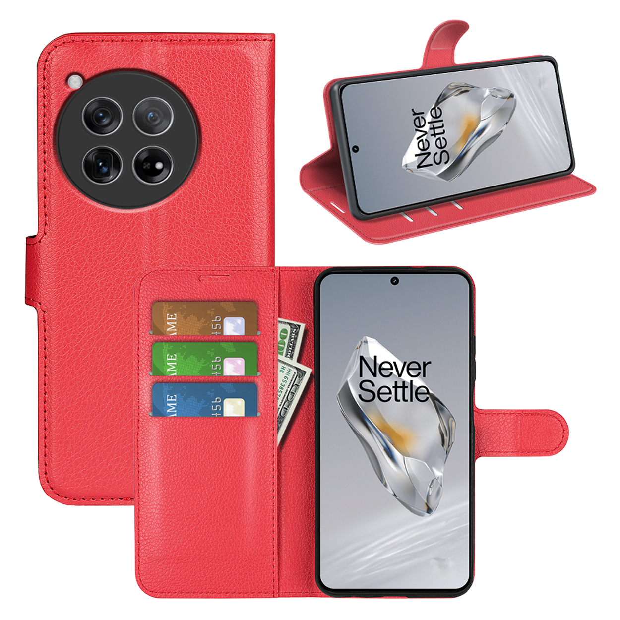 Rode telefoonhoes met open flap, telefoon binnenin. Kaarten en contant geld in de flap. Telefoon met 'Never Settle'.