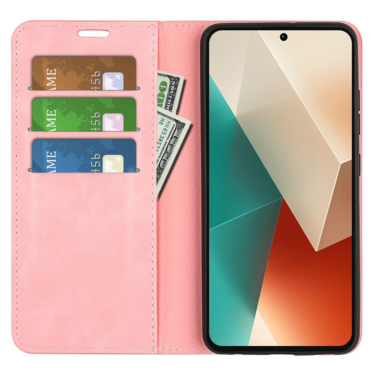 Roze telefoonhoes open. Telefoon met schermontwerp. Kaarten en geld zichtbaar.