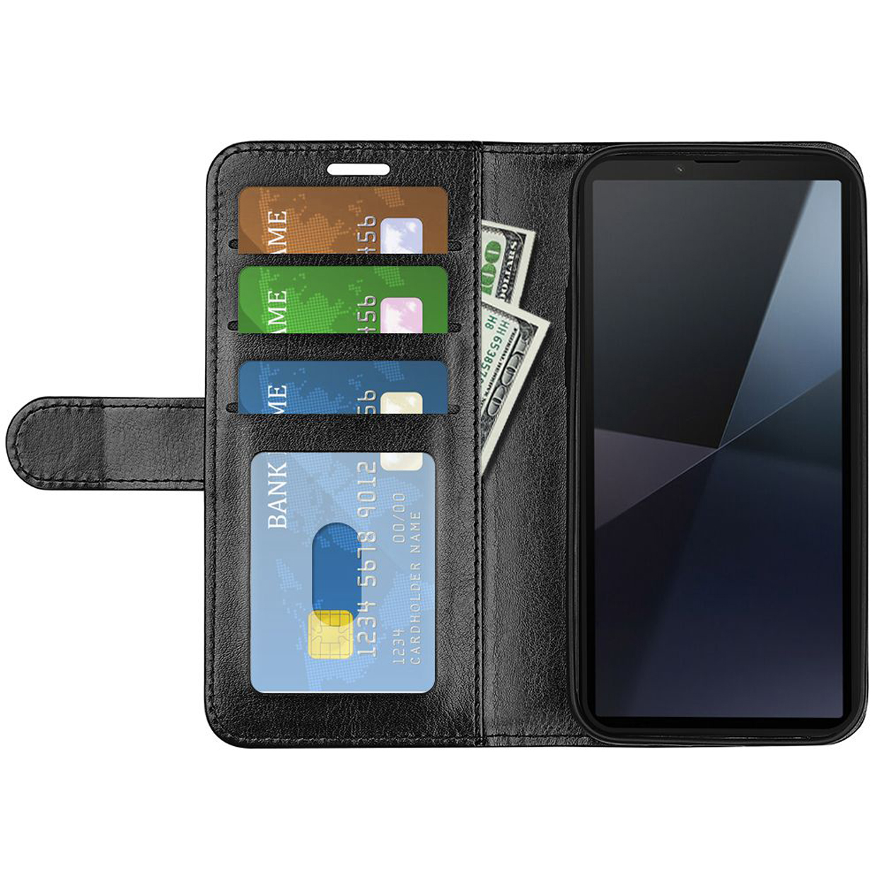 Zwarte telefoonhoes met telefoon. De hoes is open en toont kaarten en geld, met de telefoon.
