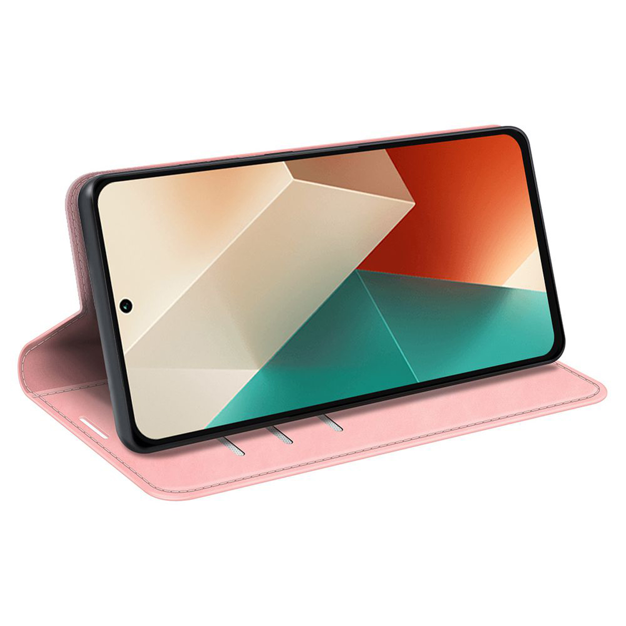 Roze telefoonhoes, open, met telefoon erin. Het scherm toont een geometrisch ontwerp.