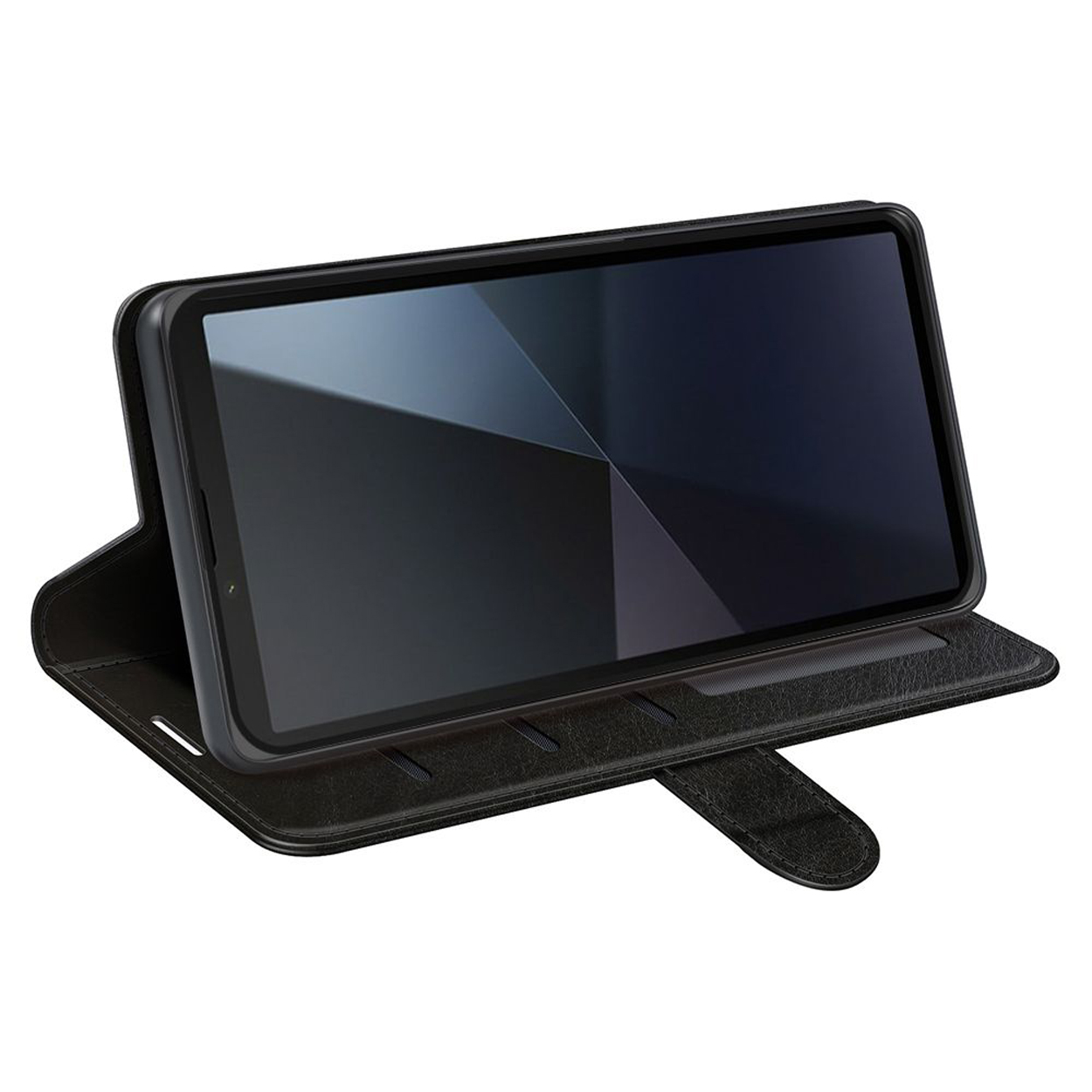 Zwarte telefoonhoes, open, met een telefoon op het scherm. Heeft een magnetische sluiting.