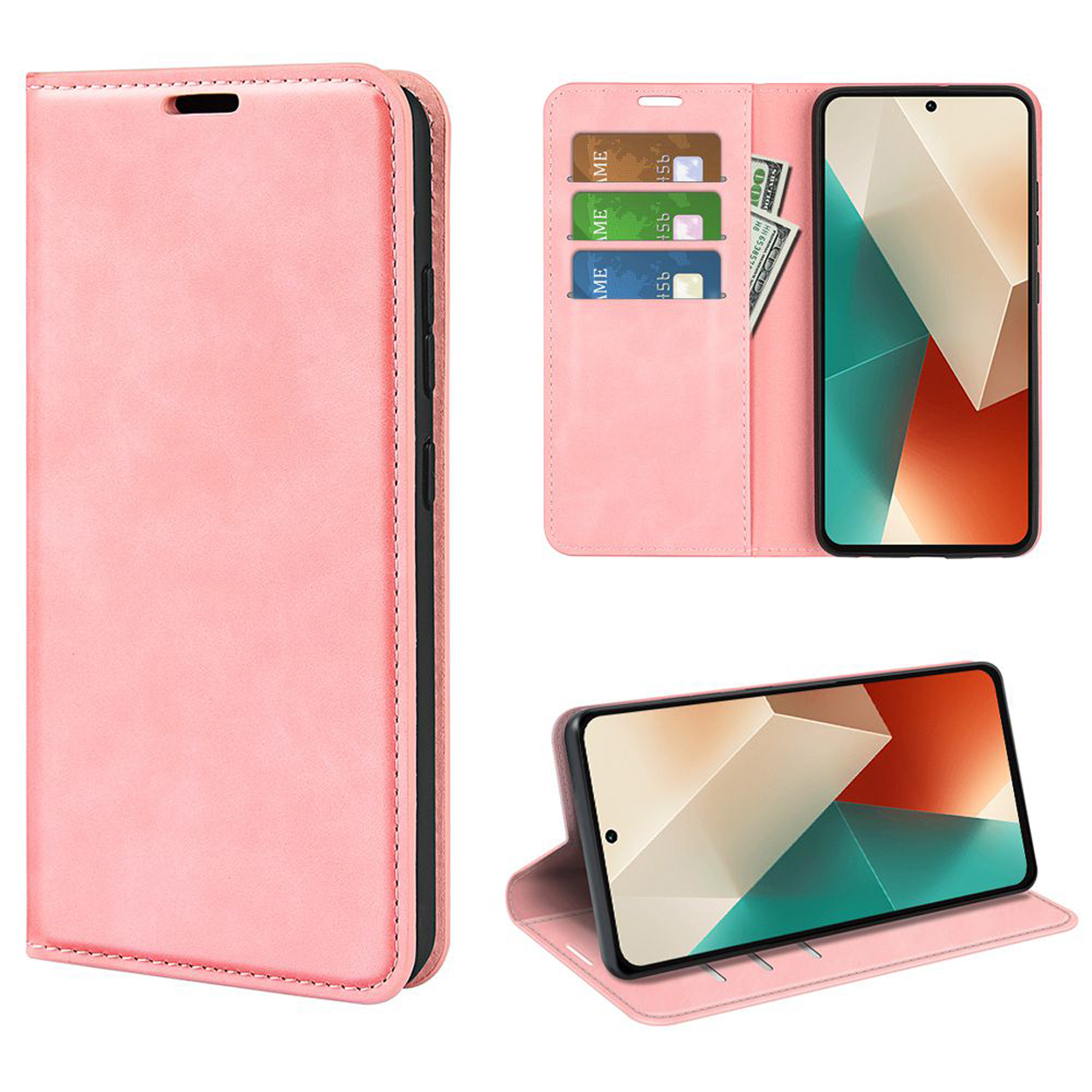 Roze telefoonhoes, open met kaarten, contant geld en telefoon. Meerdere kijkhoeken.