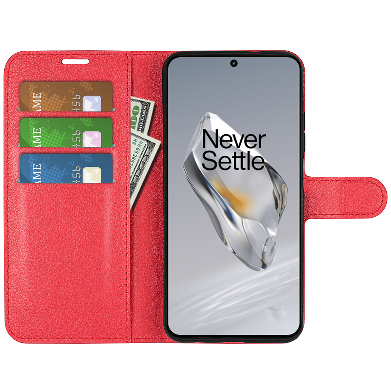 Rode telefoonhoes met kaarten en geld. Telefoon toont 'Never Settle'.