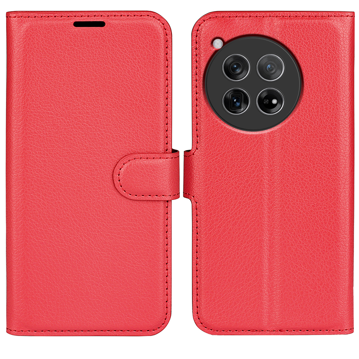 Rode leren telefoonhoes met telefoon erin, open. De achterkant toont 4 camera's.
