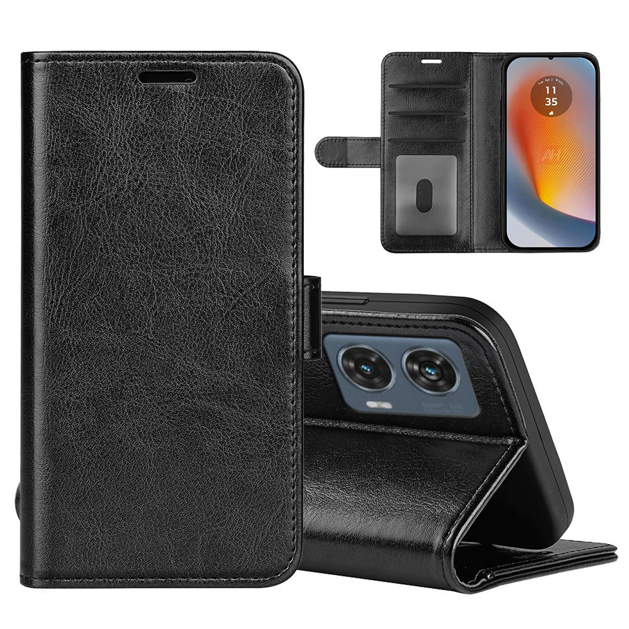 Coque de téléphone noire ouverte. Le téléphone affiche une horloge et l'heure. Cartes visibles à gauche.