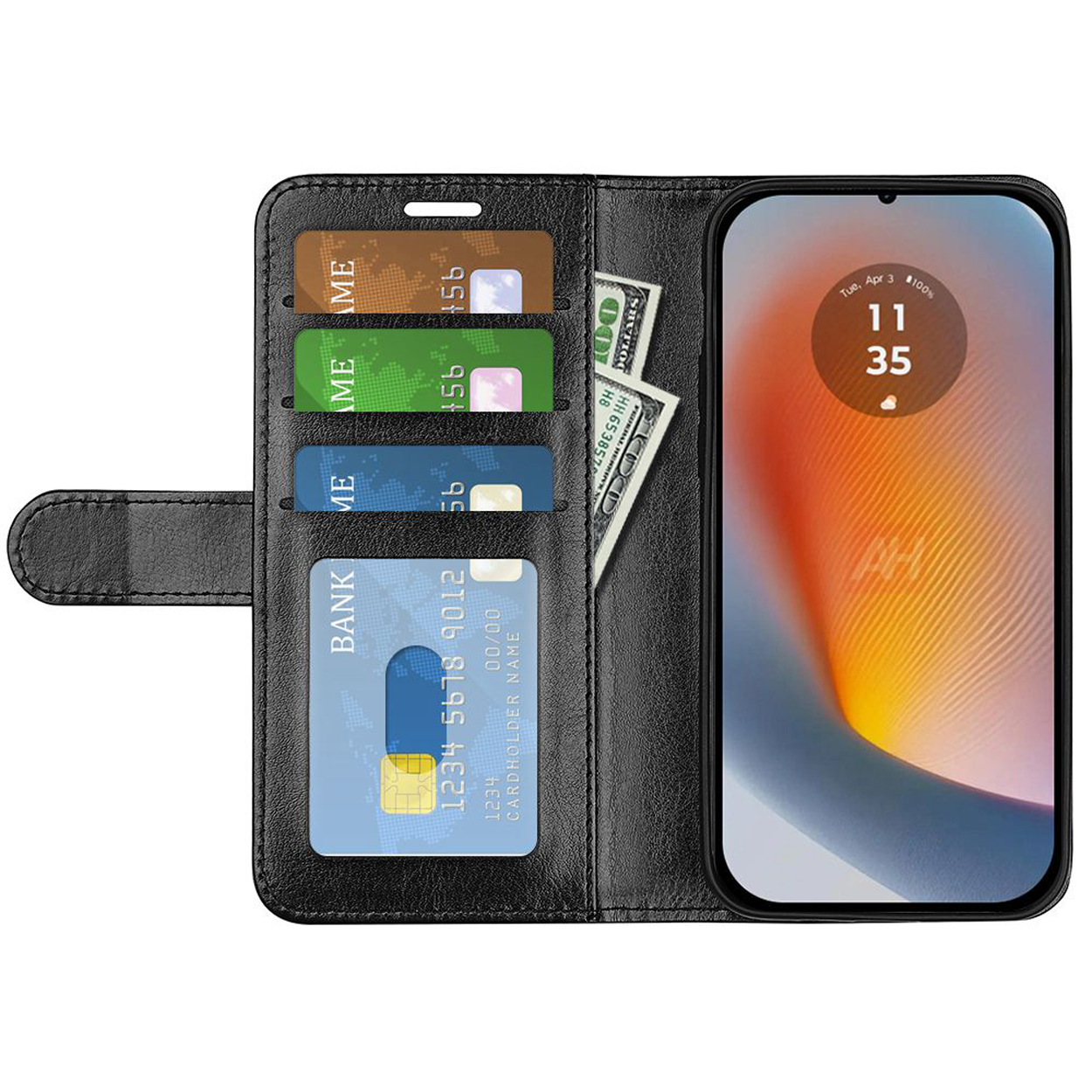 Téléphone dans un étui portefeuille noir. À l'intérieur, des cartes et de l'argent liquide. Téléphone affiche l'heure.