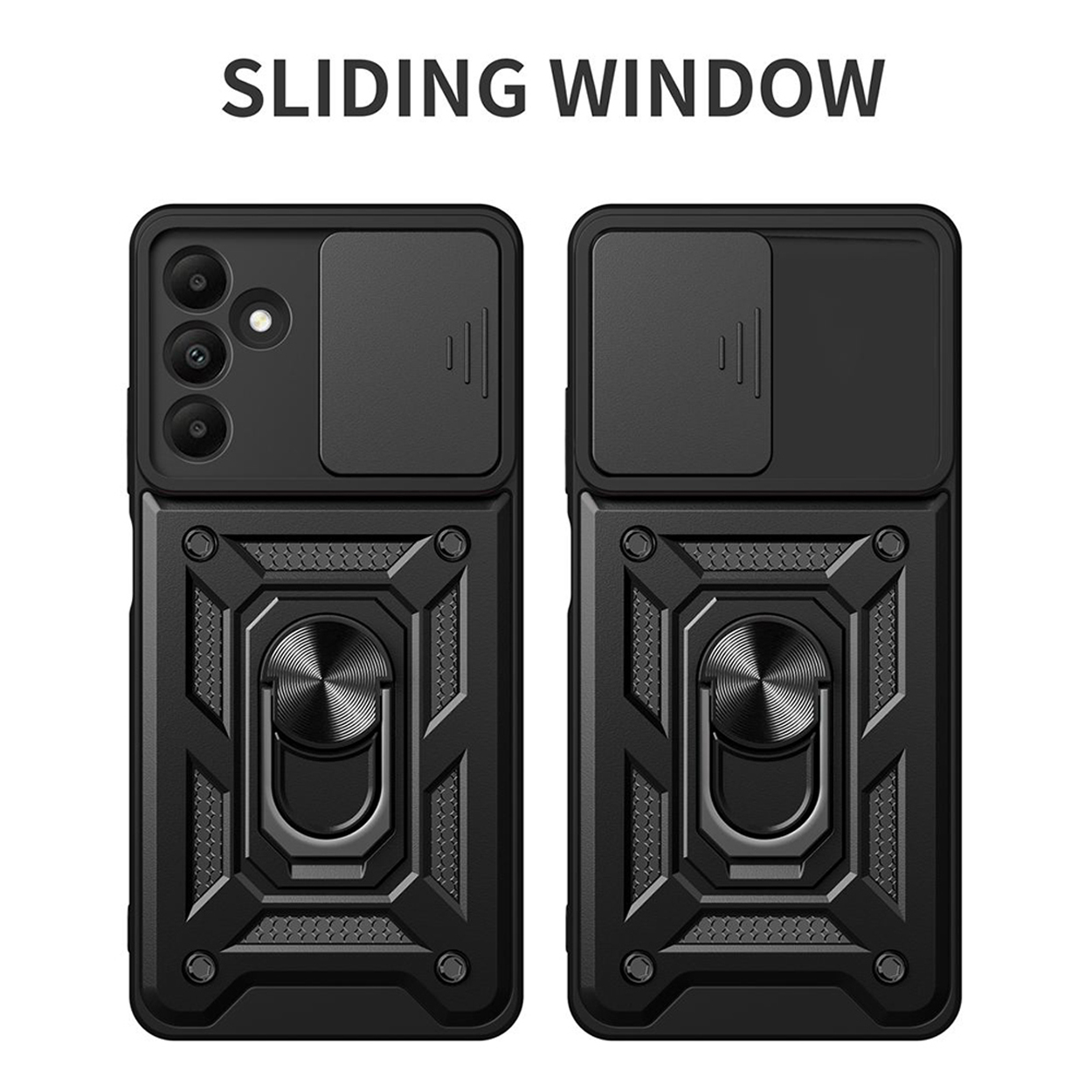 Zwarte telefoonhoesjes met schuifbare camerahoes en ringhouder.