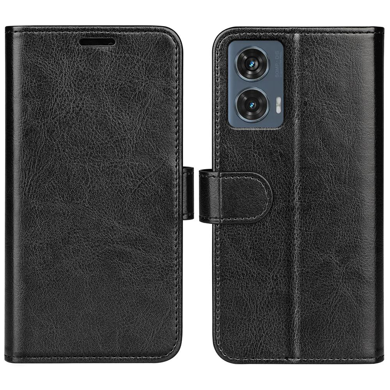 Étui de téléphone en cuir noir, ouvert et fermé. Avec fermoir et découpe caméra.