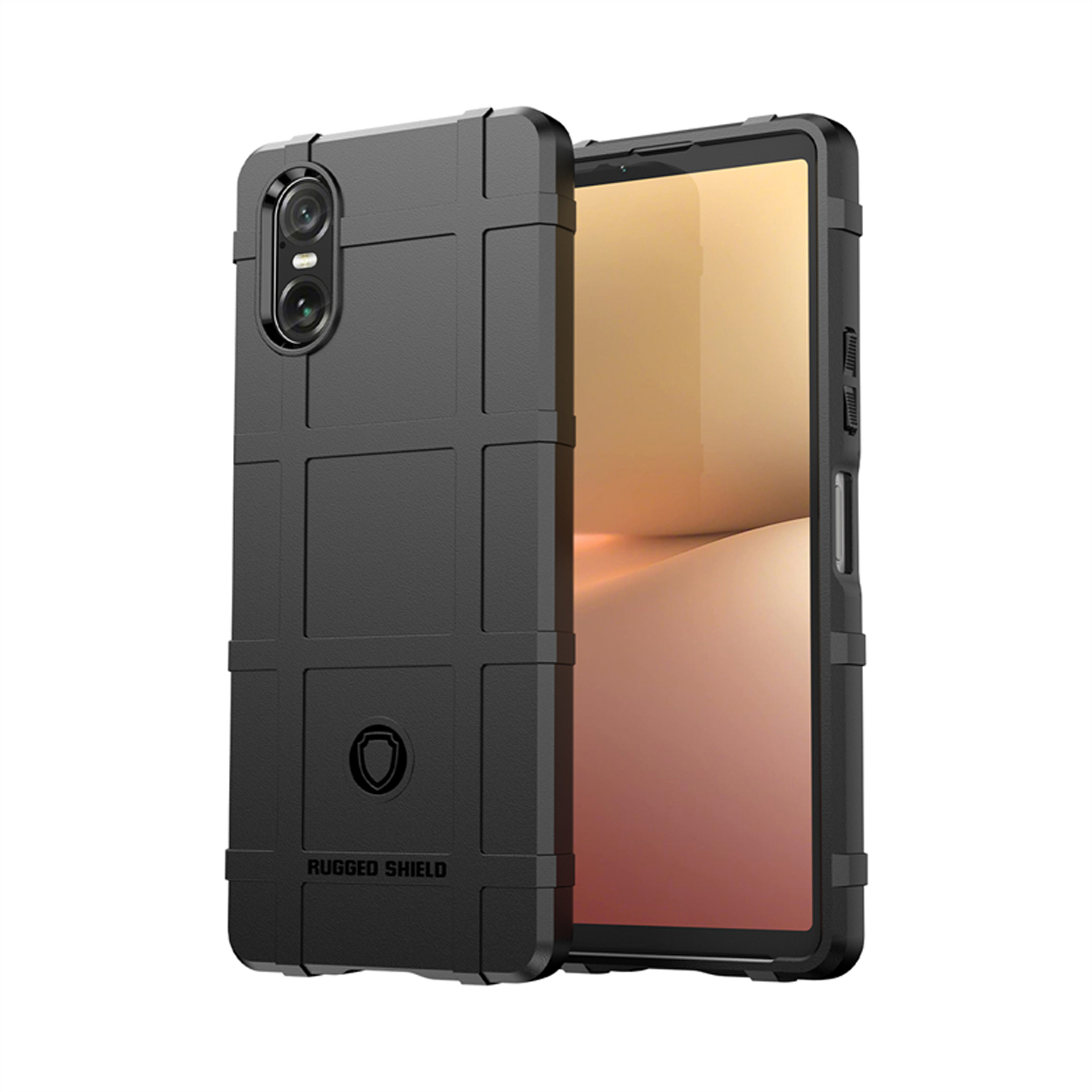 Zwarte telefoonhoes met een telefoon erin. De hoes heeft een getextureerd, rasterachtig ontwerp en een Rugged Shield-logo.