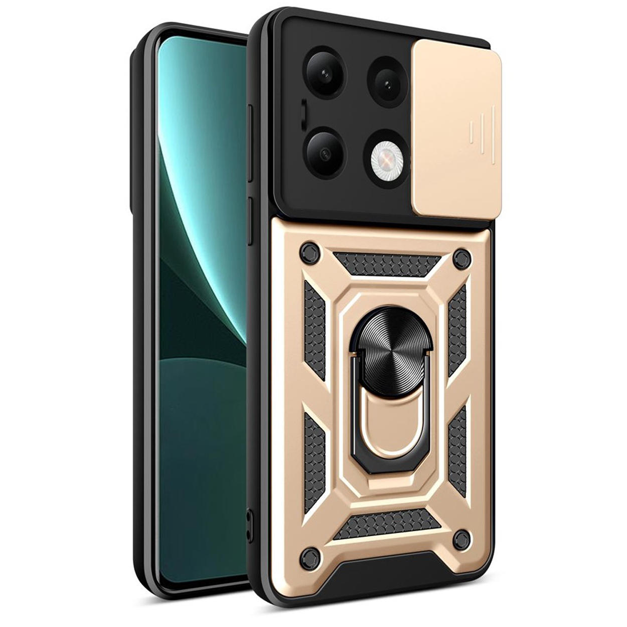 Zwart en goud telefoonhoesje met een schuifbare camera cover en ring.