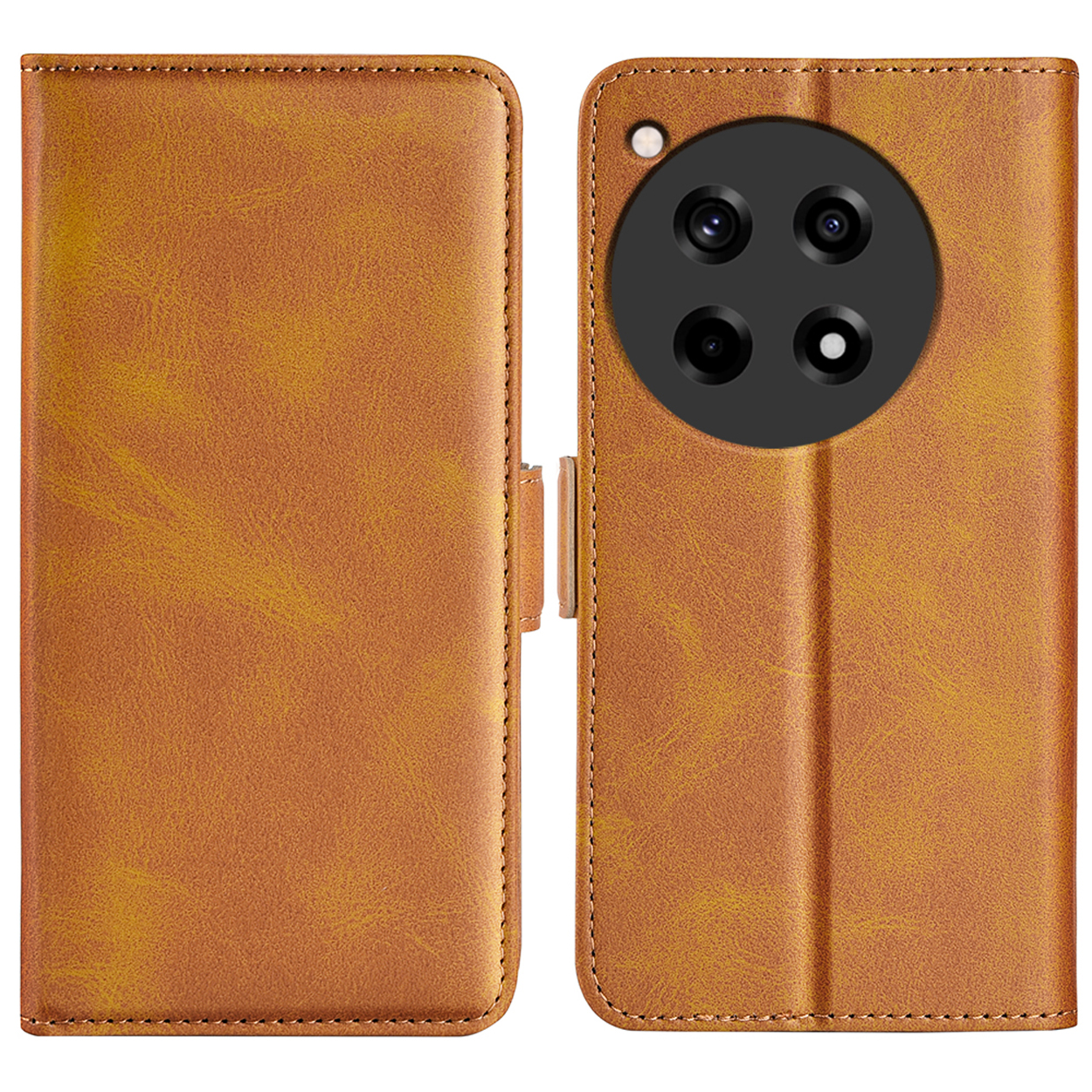 Étui de téléphone en cuir marron, ouvert et fermé. Avec découpe pour appareil photo.