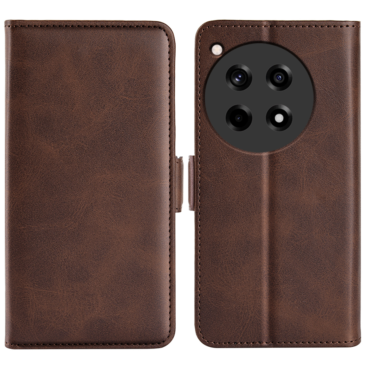 Étui de téléphone en cuir marron, vues ouvertes et fermées. Avec fermoir et découpe caméra.