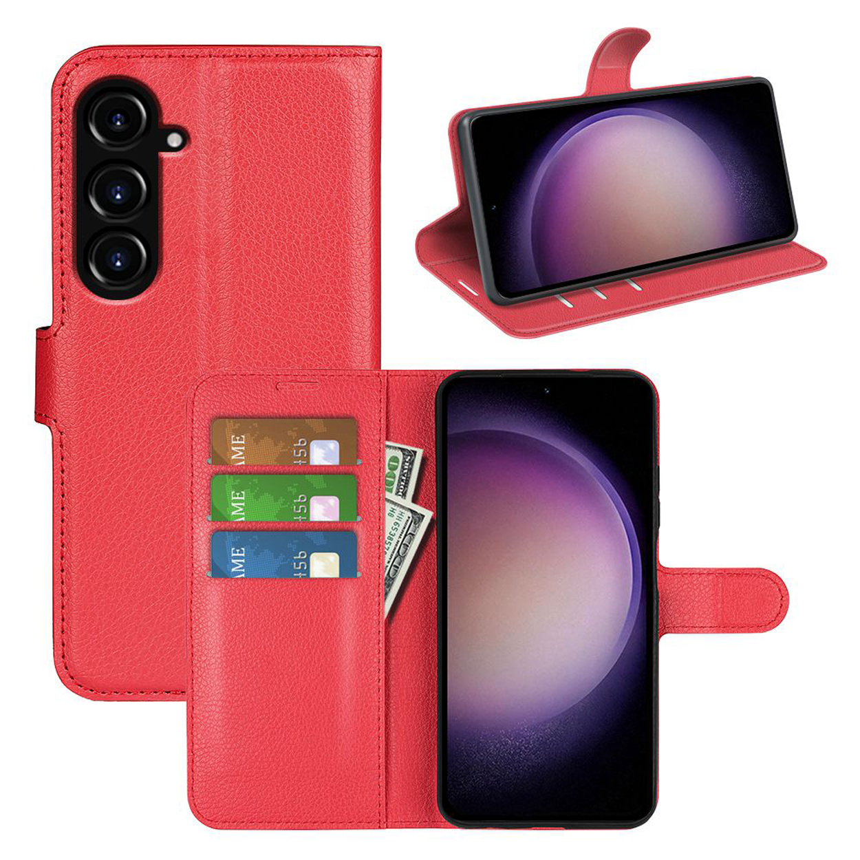 Étui de téléphone rouge, ouvert, avec téléphone, cartes et argent.
