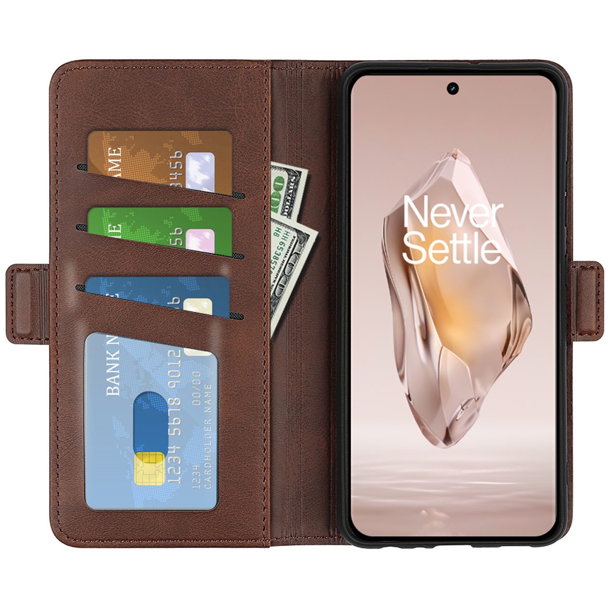 Étui marron ouvert, avec cartes et argent visibles. Le téléphone affiche une image.
