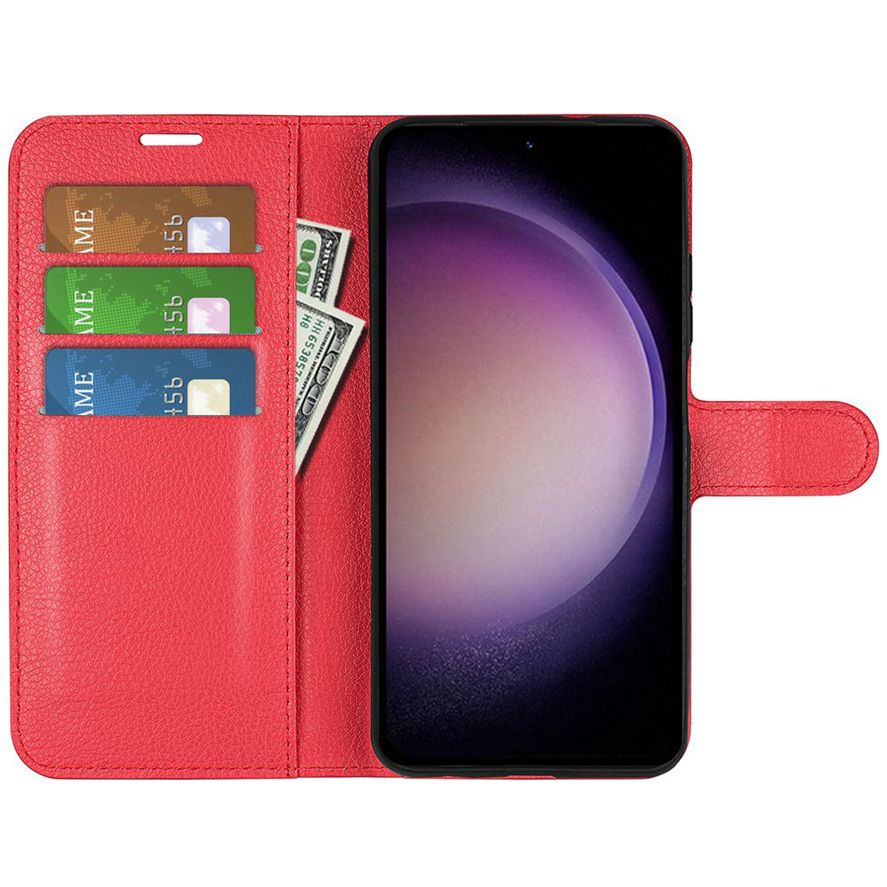 Étui de téléphone rouge, ouvert, avec téléphone, cartes de crédit et argent sur fond blanc.