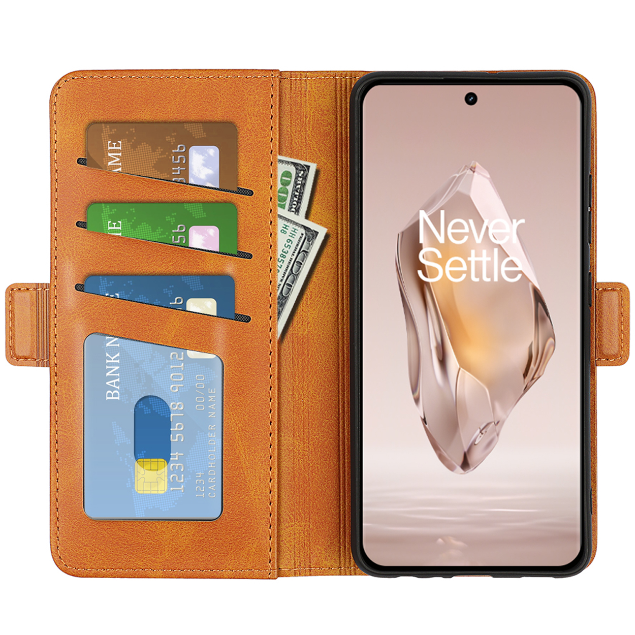 Étui portefeuille marron avec téléphone. Cartes et argent visibles. Téléphone affiche image avec texte 'Never Settle'.