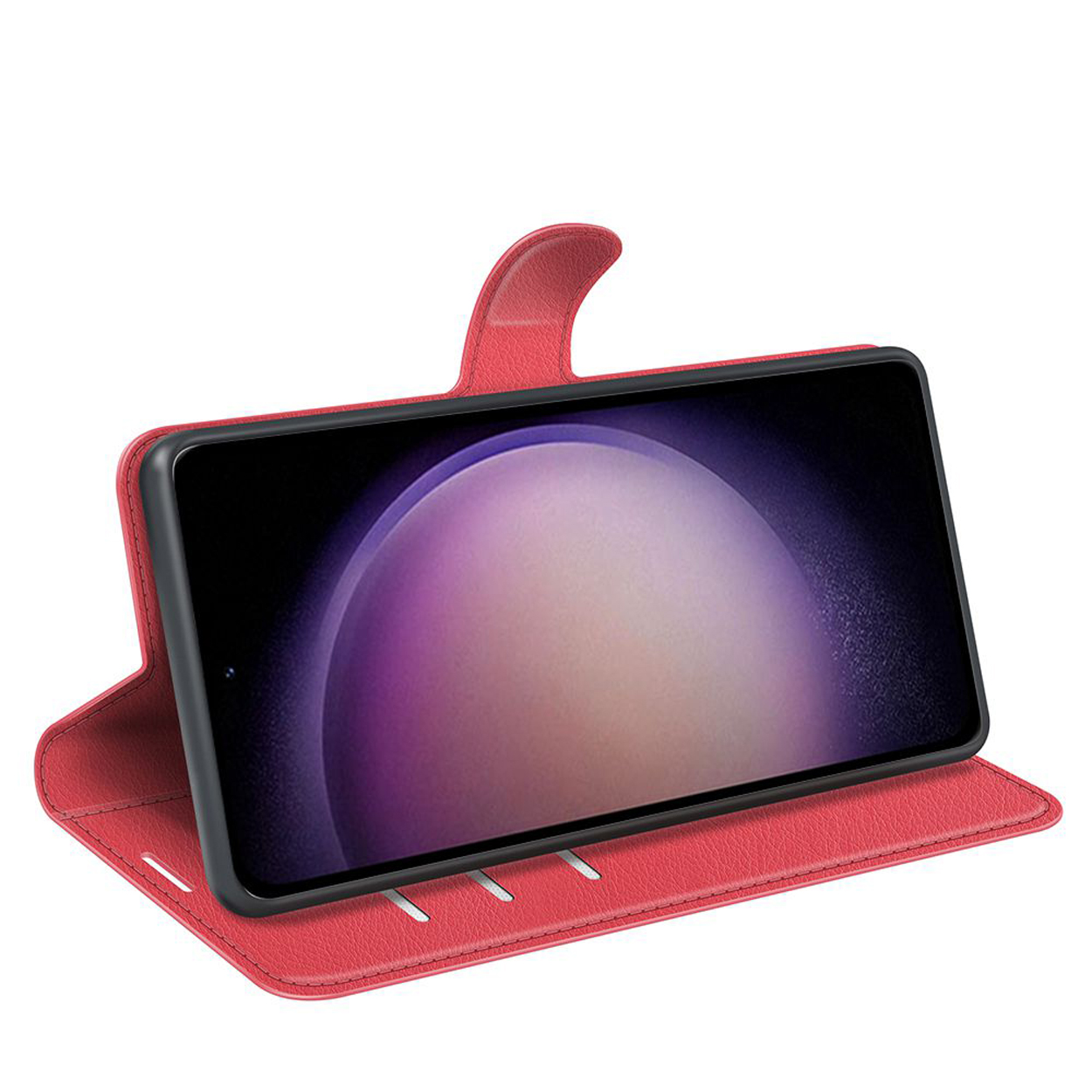 Étui de téléphone rouge avec un téléphone à l'intérieur, montrant un écran violet et blanc.