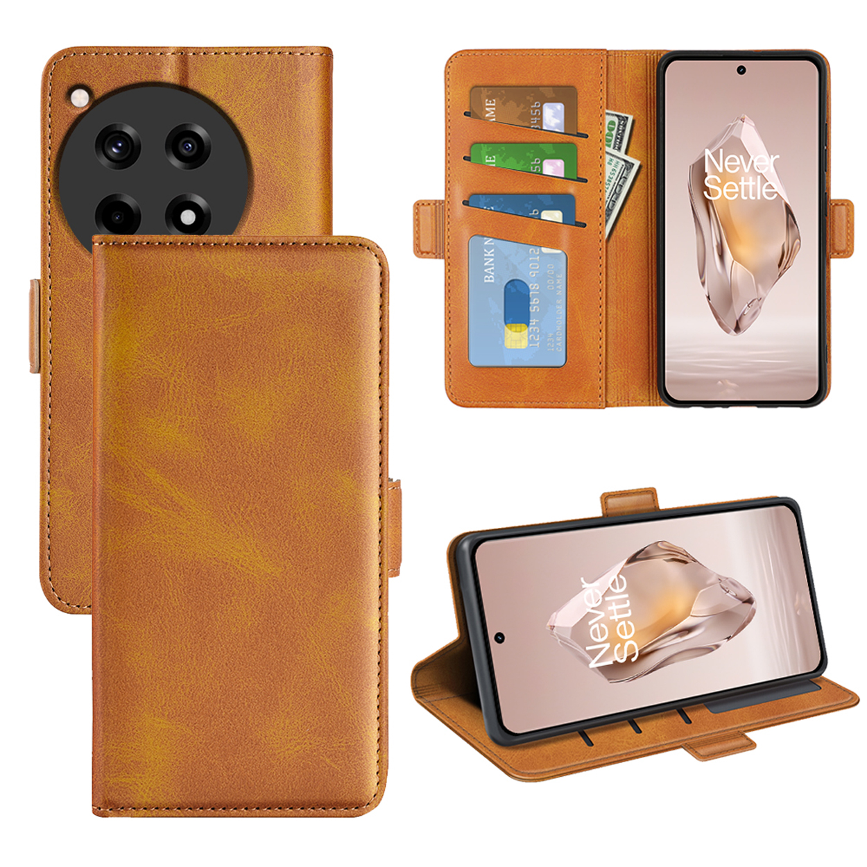 Étui en cuir marron, ouvert avec téléphone, cartes et espèces. Montre les fonctions du téléphone.
