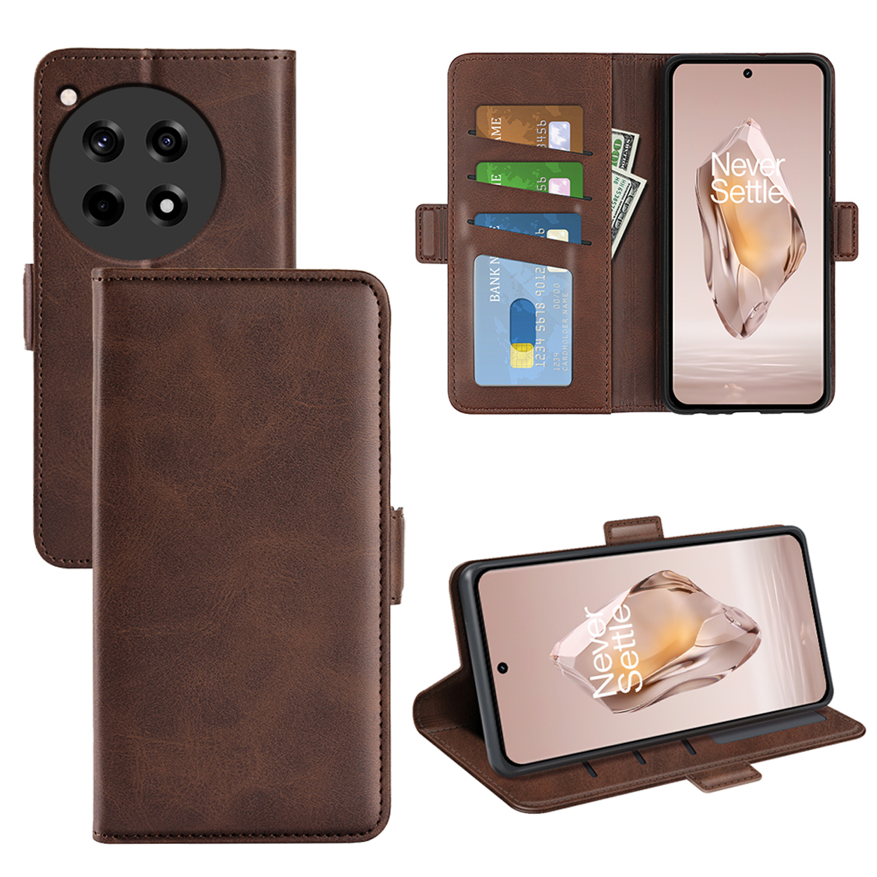Étui de téléphone en cuir marron. Ouvert, contenant des cartes et de l'argent. Téléphone visible, affichant l'écran.