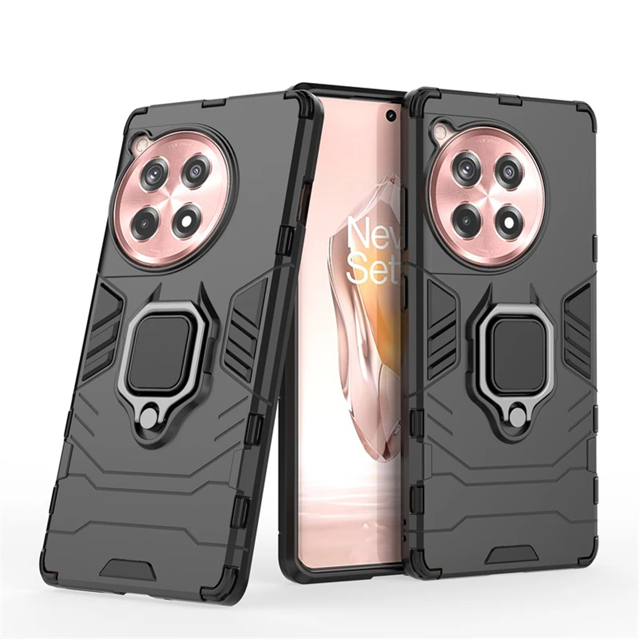 Twee zwarte telefoonhoesjes met ringhouders naast elkaar. De telefoons hebben roségouden cameraringen.