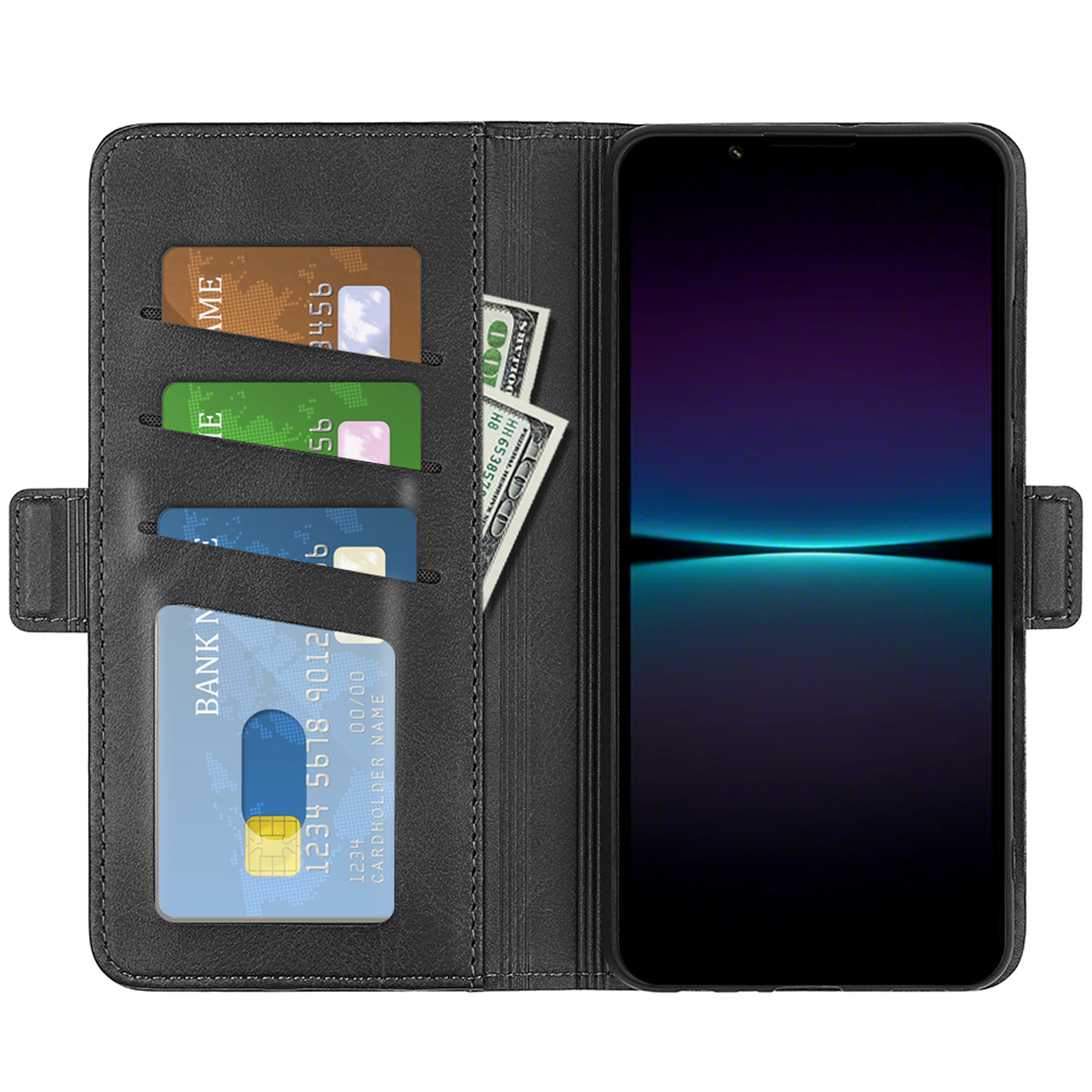 Zwarte leren portemonnee telefoonhoes open, met kaarten, contant geld en een telefoon met scherm.