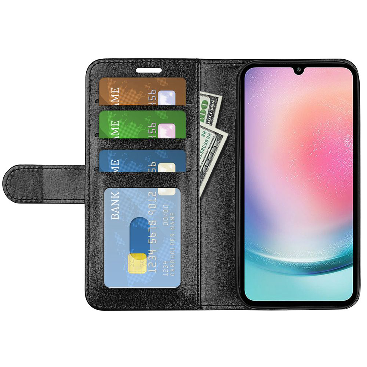 Telefoon in een zwarte portemonnee. Binnenin zitten kaarten en contant geld. Telefoon toont een kleurrijke afbeelding.
