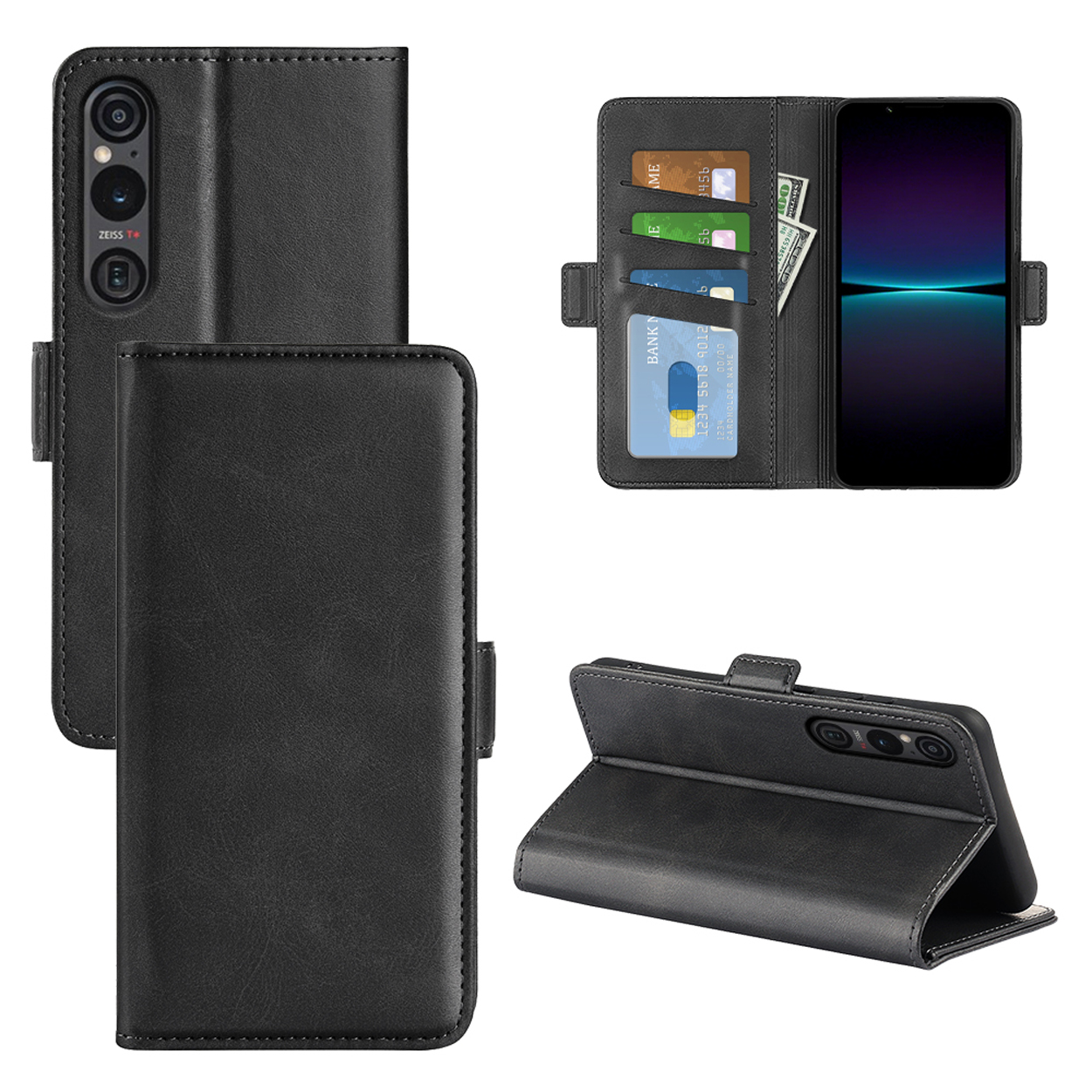 Zwarte telefoonhoes open en dicht, met telefoon en creditcards. Drie weergaven.